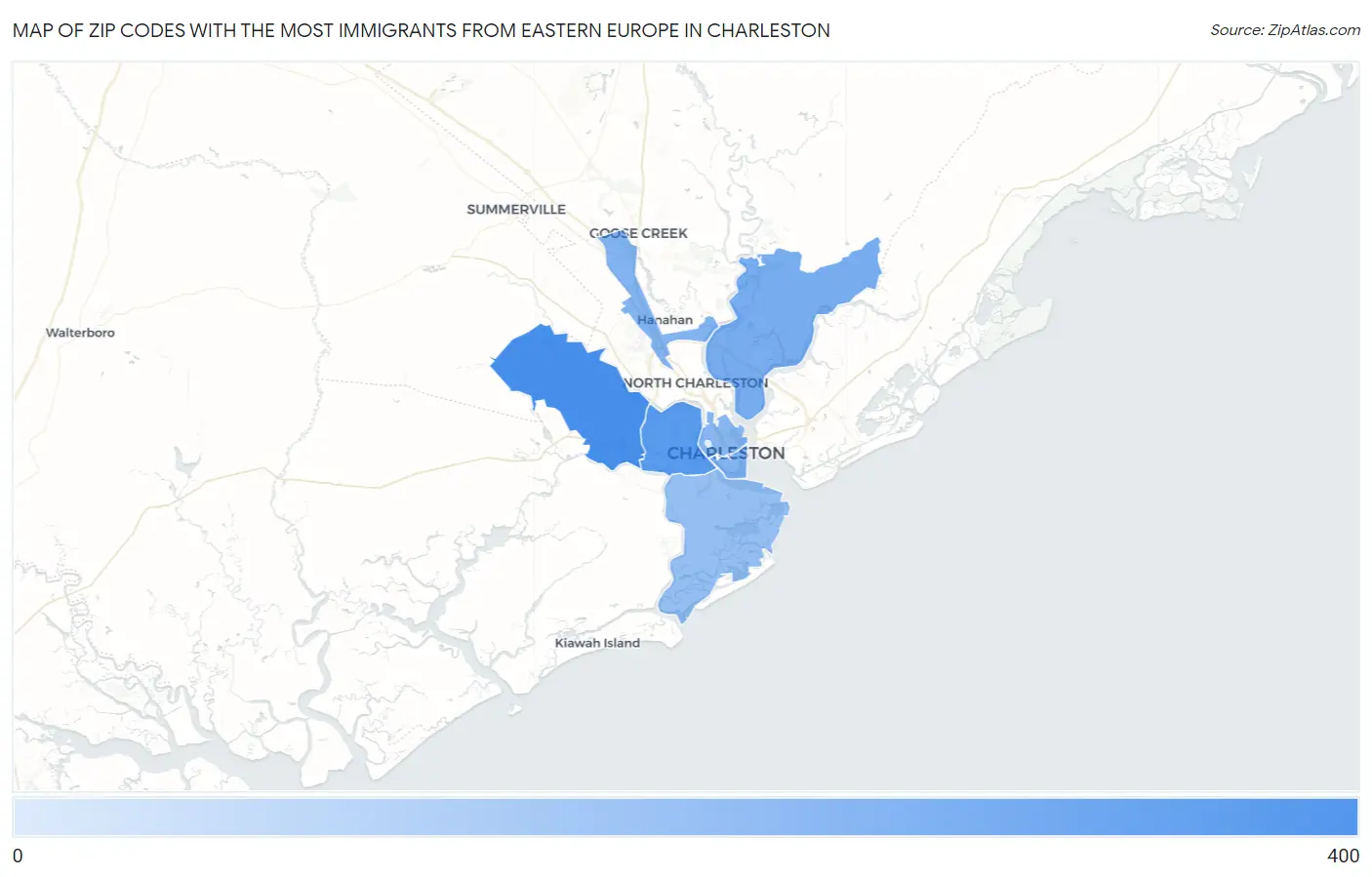 Zip Codes with the Most Immigrants from Eastern Europe in Charleston Map
