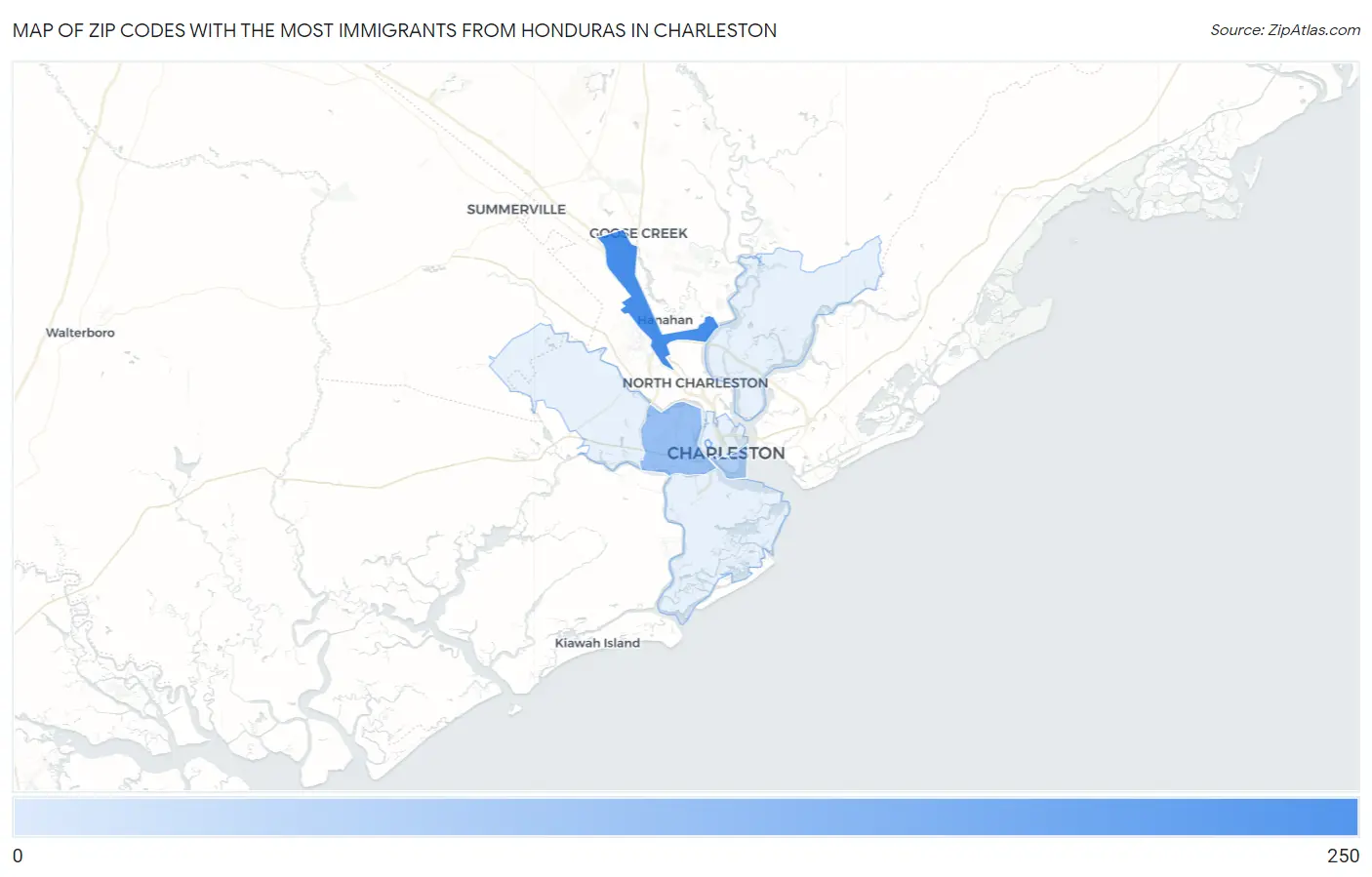 Zip Codes with the Most Immigrants from Honduras in Charleston Map