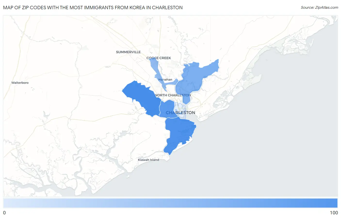 Zip Codes with the Most Immigrants from Korea in Charleston Map