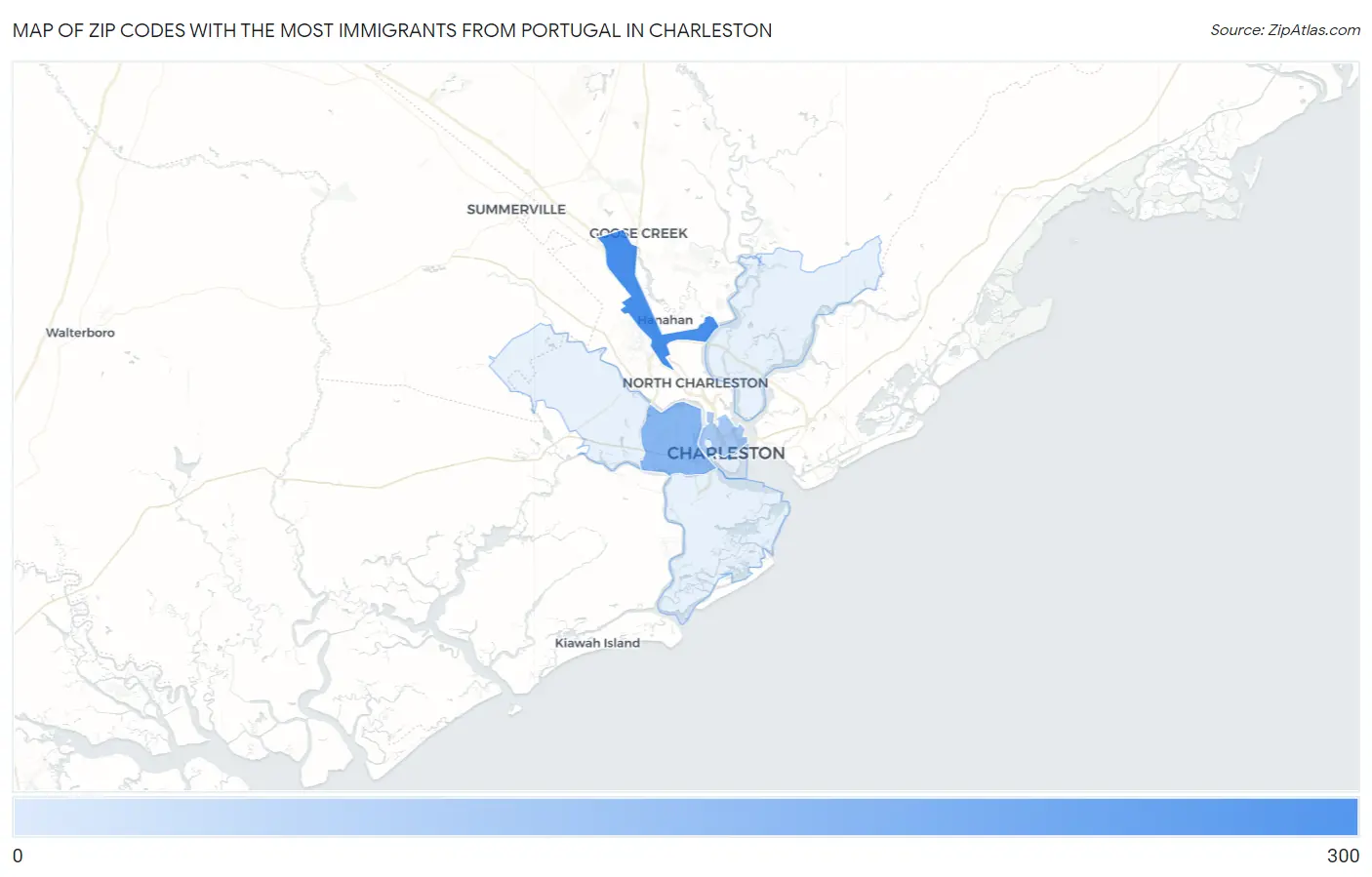 Zip Codes with the Most Immigrants from Portugal in Charleston Map