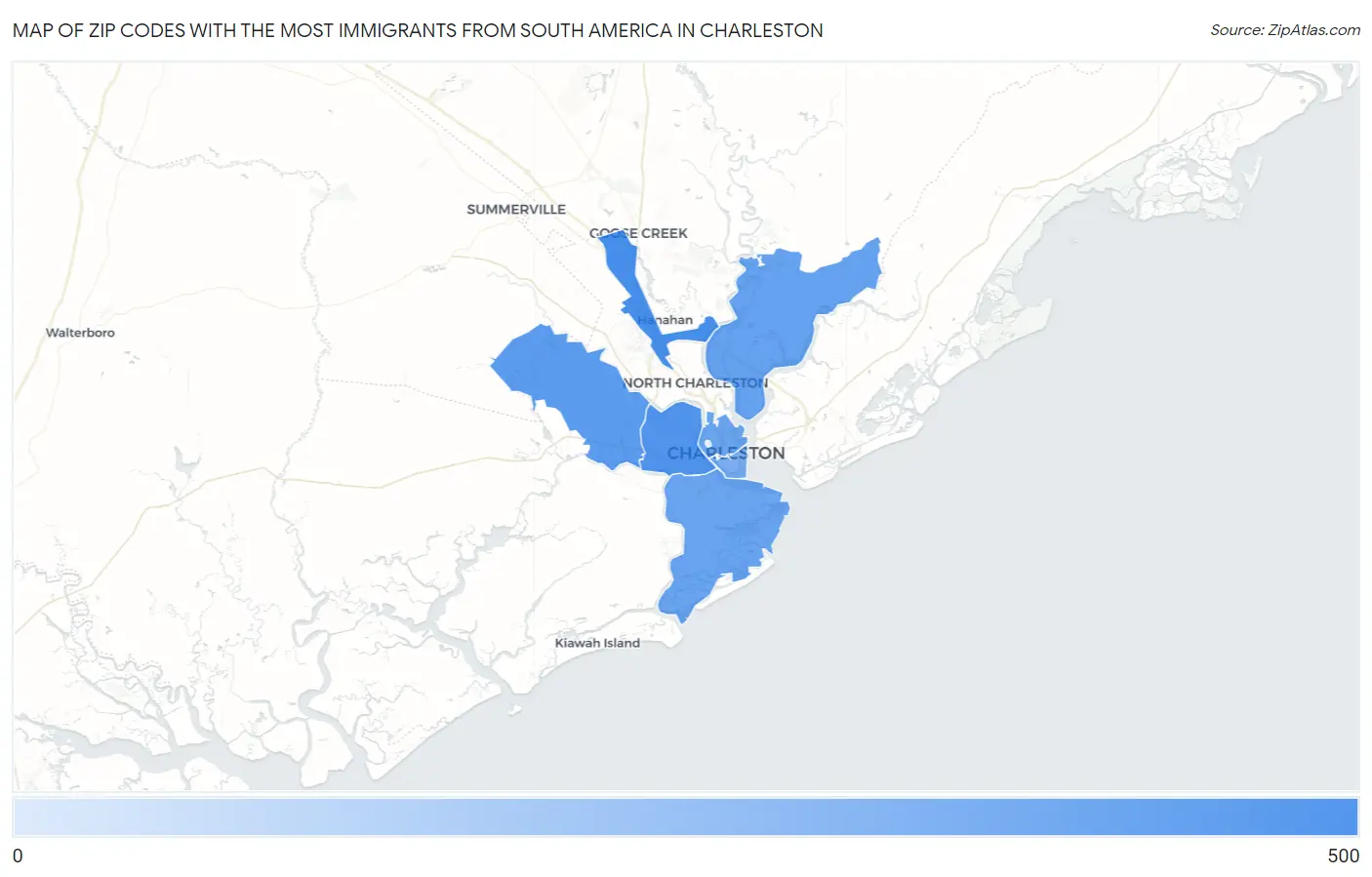 Zip Codes with the Most Immigrants from South America in Charleston Map