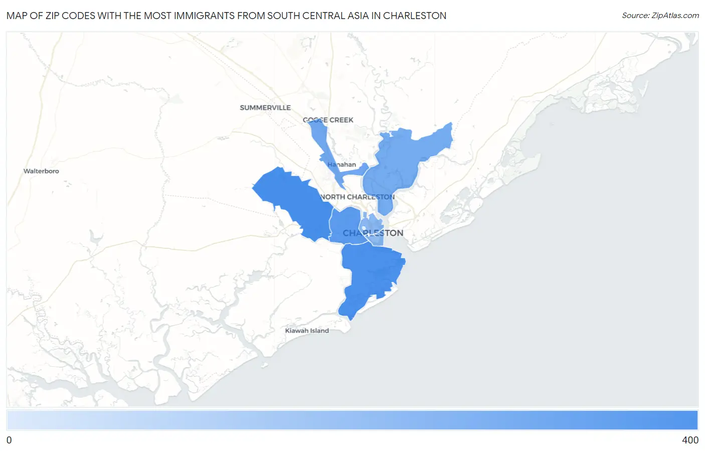Zip Codes with the Most Immigrants from South Central Asia in Charleston Map