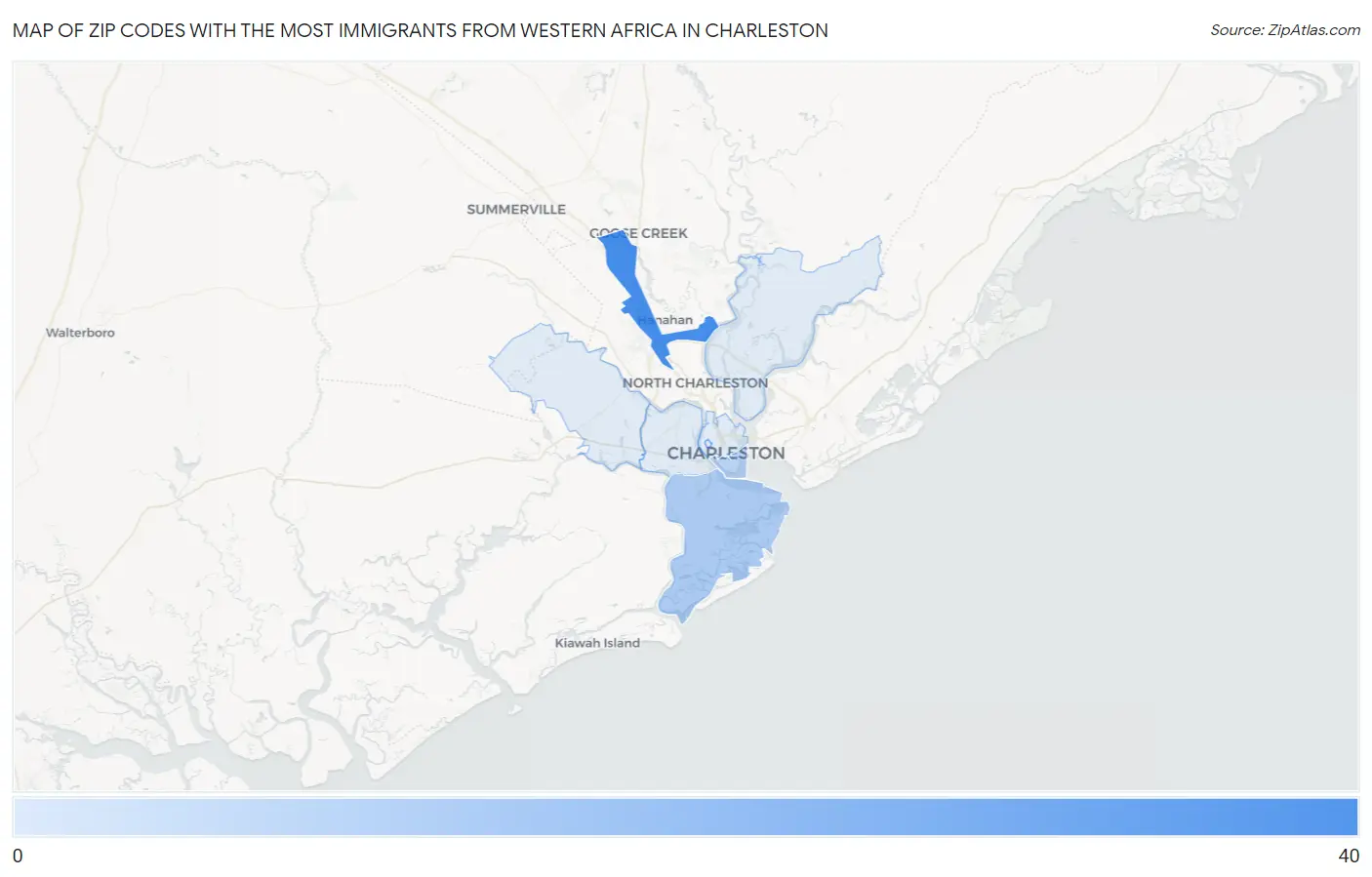 Zip Codes with the Most Immigrants from Western Africa in Charleston Map