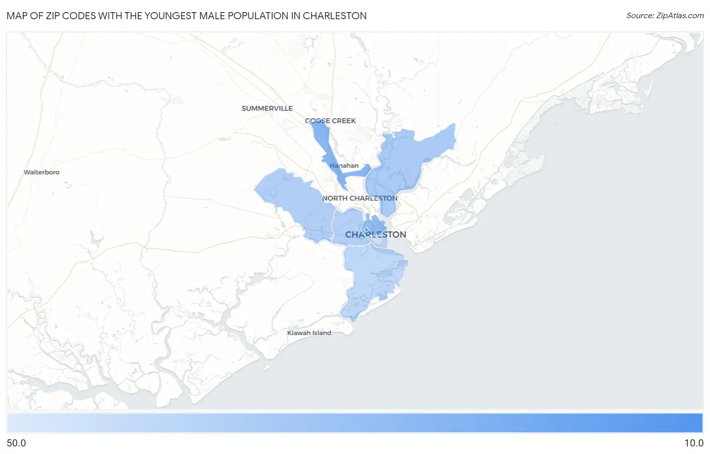 Zip Codes with the Youngest Male Population in Charleston Map