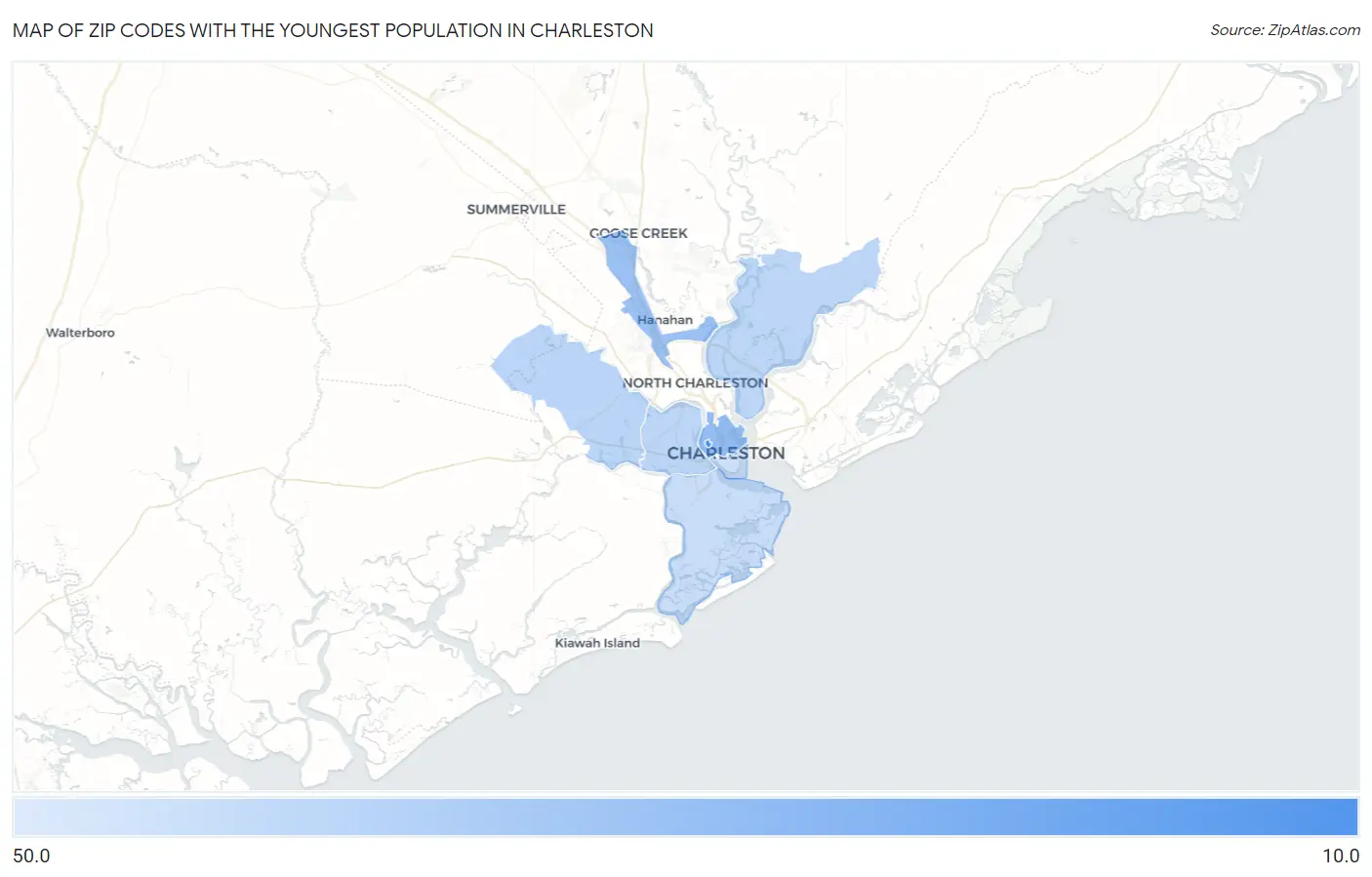 Zip Codes with the Youngest Population in Charleston Map