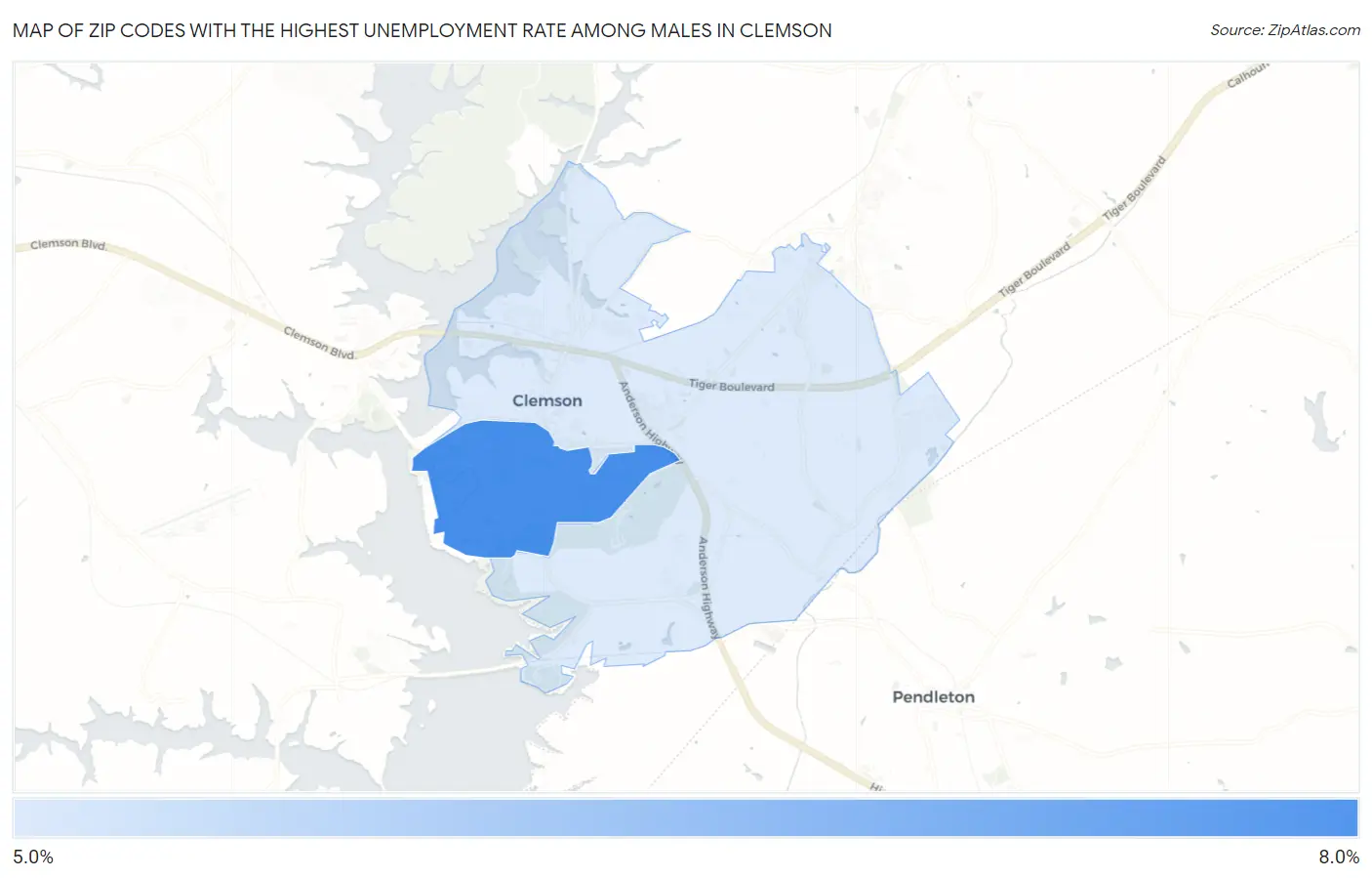 Zip Codes with the Highest Unemployment Rate Among Males in Clemson Map