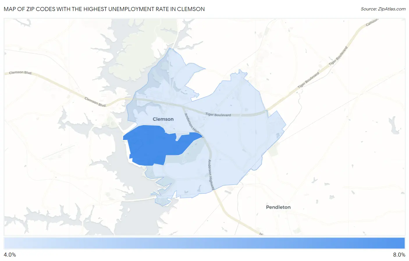 Zip Codes with the Highest Unemployment Rate in Clemson Map