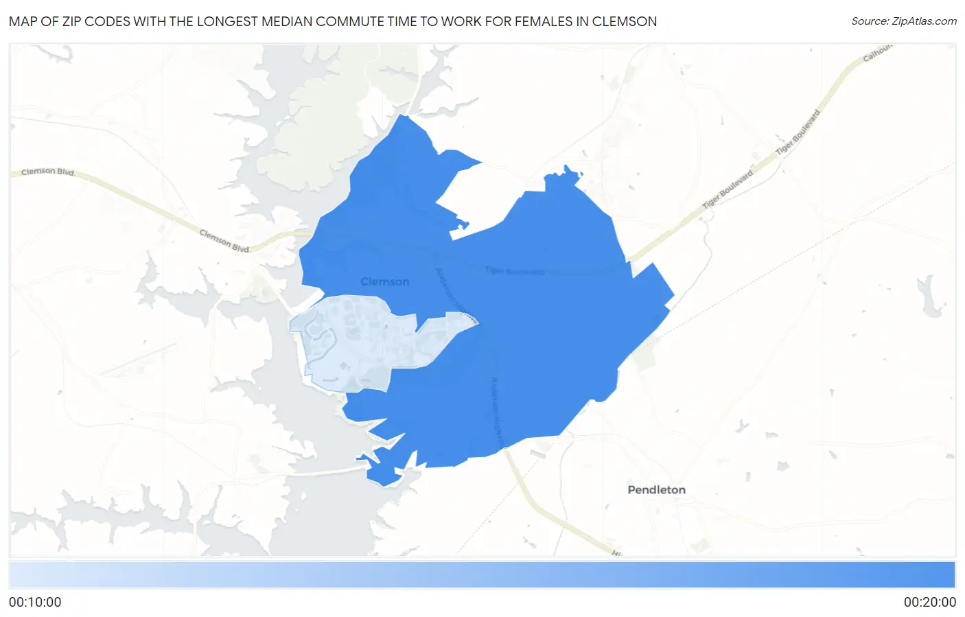Zip Codes with the Longest Median Commute Time to Work for Females in Clemson Map