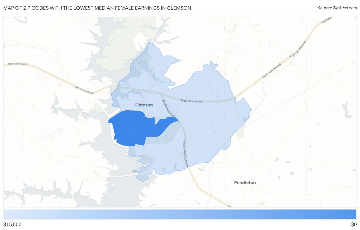 Zip Codes with the Lowest Median Female Earnings in Clemson Map