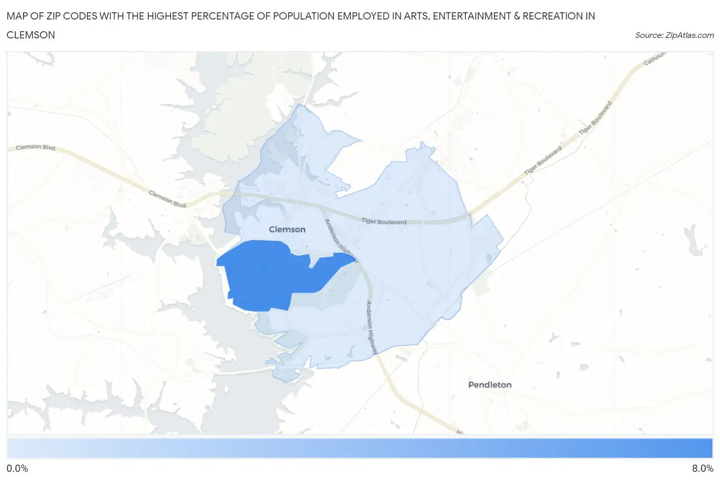 Zip Codes with the Highest Percentage of Population Employed in Arts, Entertainment & Recreation in Clemson Map