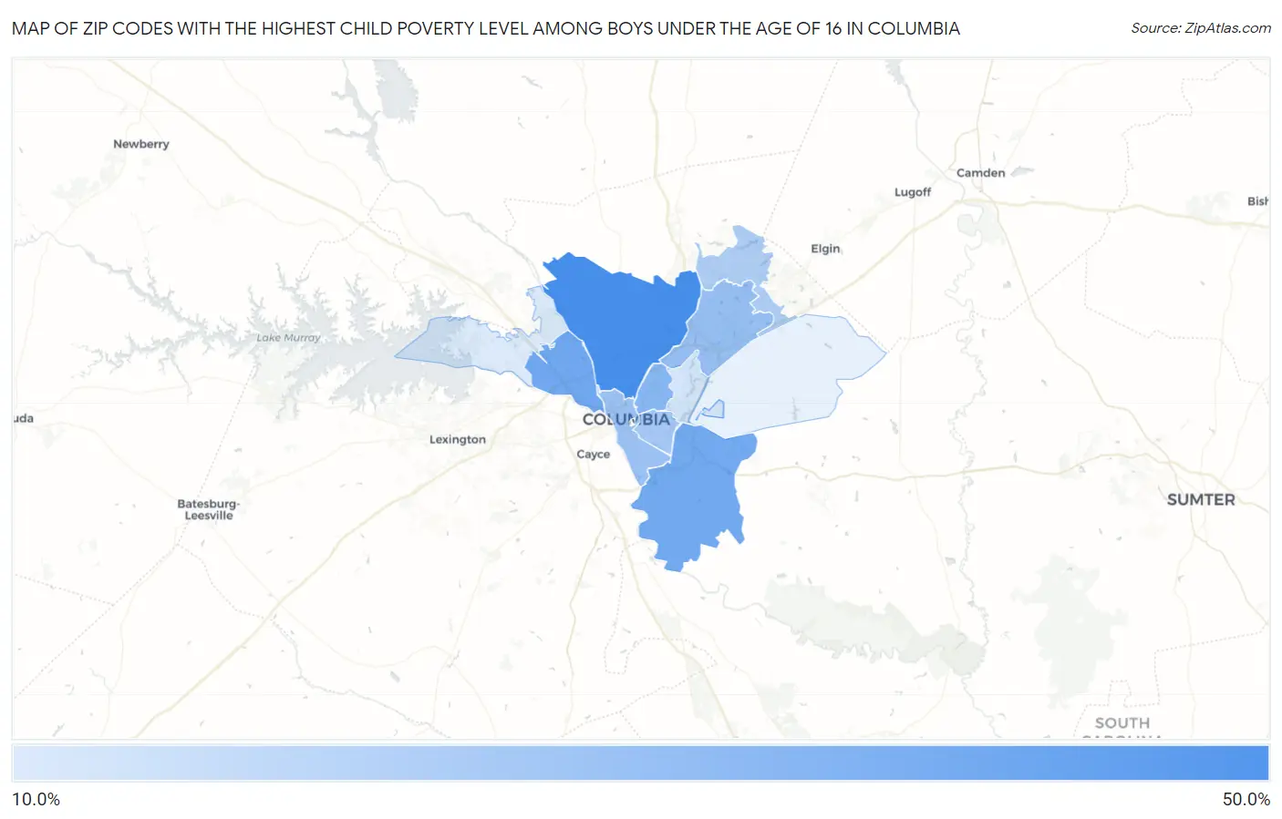 Zip Codes with the Highest Child Poverty Level Among Boys Under the Age of 16 in Columbia Map