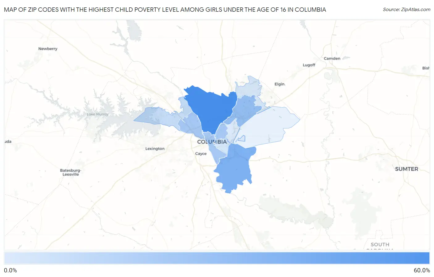 Zip Codes with the Highest Child Poverty Level Among Girls Under the Age of 16 in Columbia Map