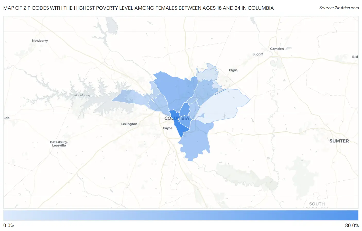 Zip Codes with the Highest Poverty Level Among Females Between Ages 18 and 24 in Columbia Map