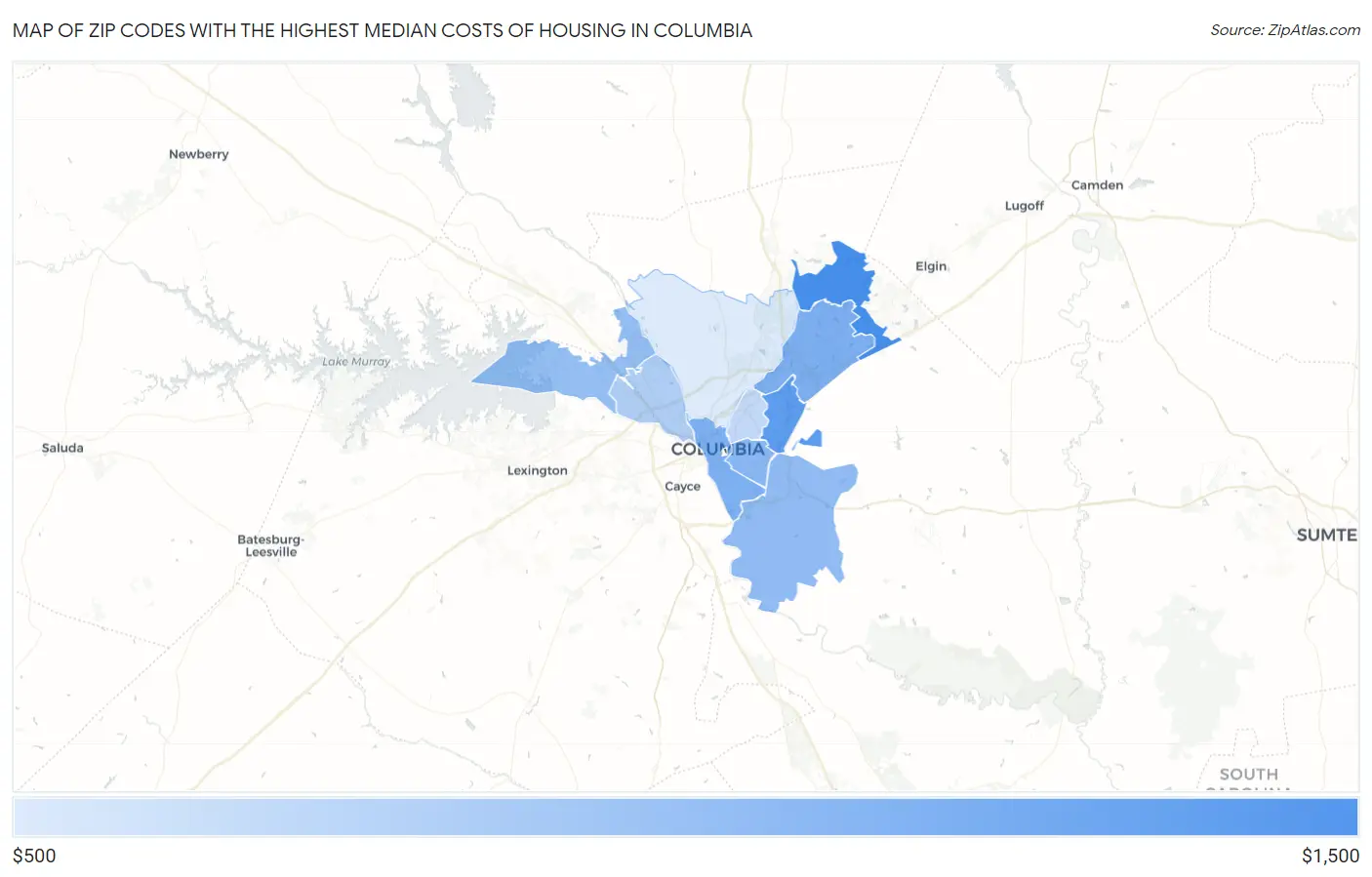 Zip Codes with the Highest Median Costs of Housing in Columbia Map