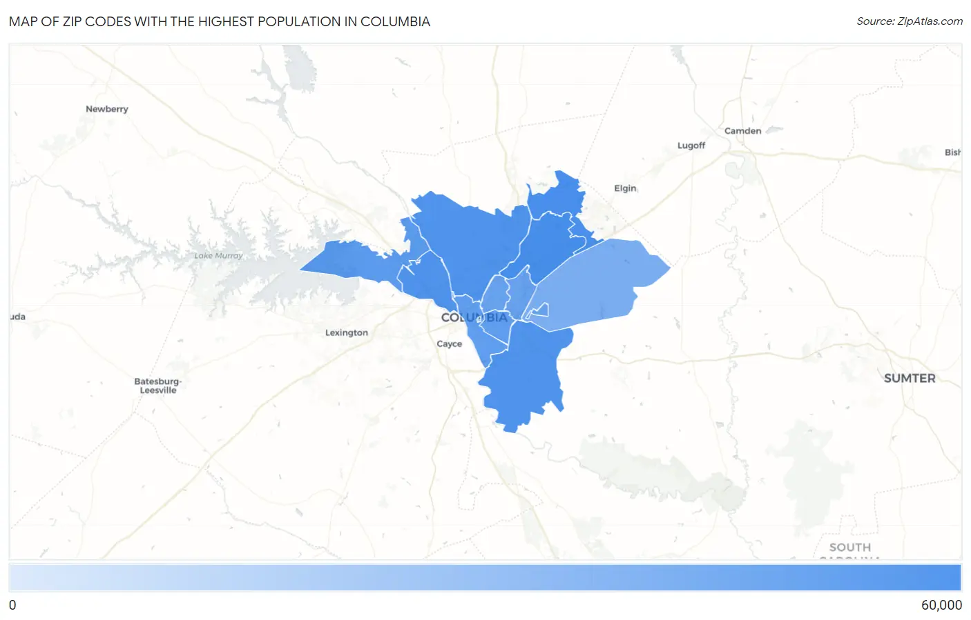 Zip Codes with the Highest Population in Columbia Map
