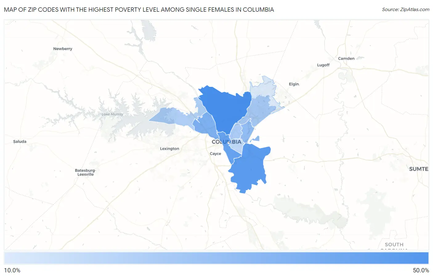 Zip Codes with the Highest Poverty Level Among Single Females in Columbia Map