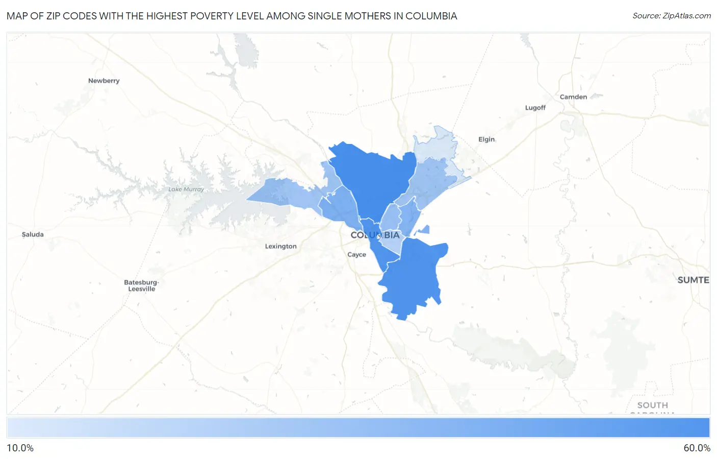 Zip Codes with the Highest Poverty Level Among Single Mothers in Columbia Map