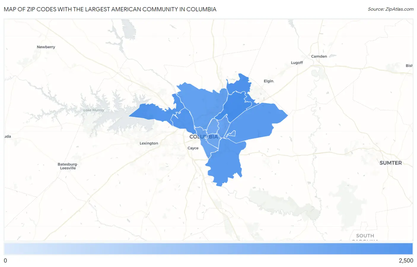 Zip Codes with the Largest American Community in Columbia Map