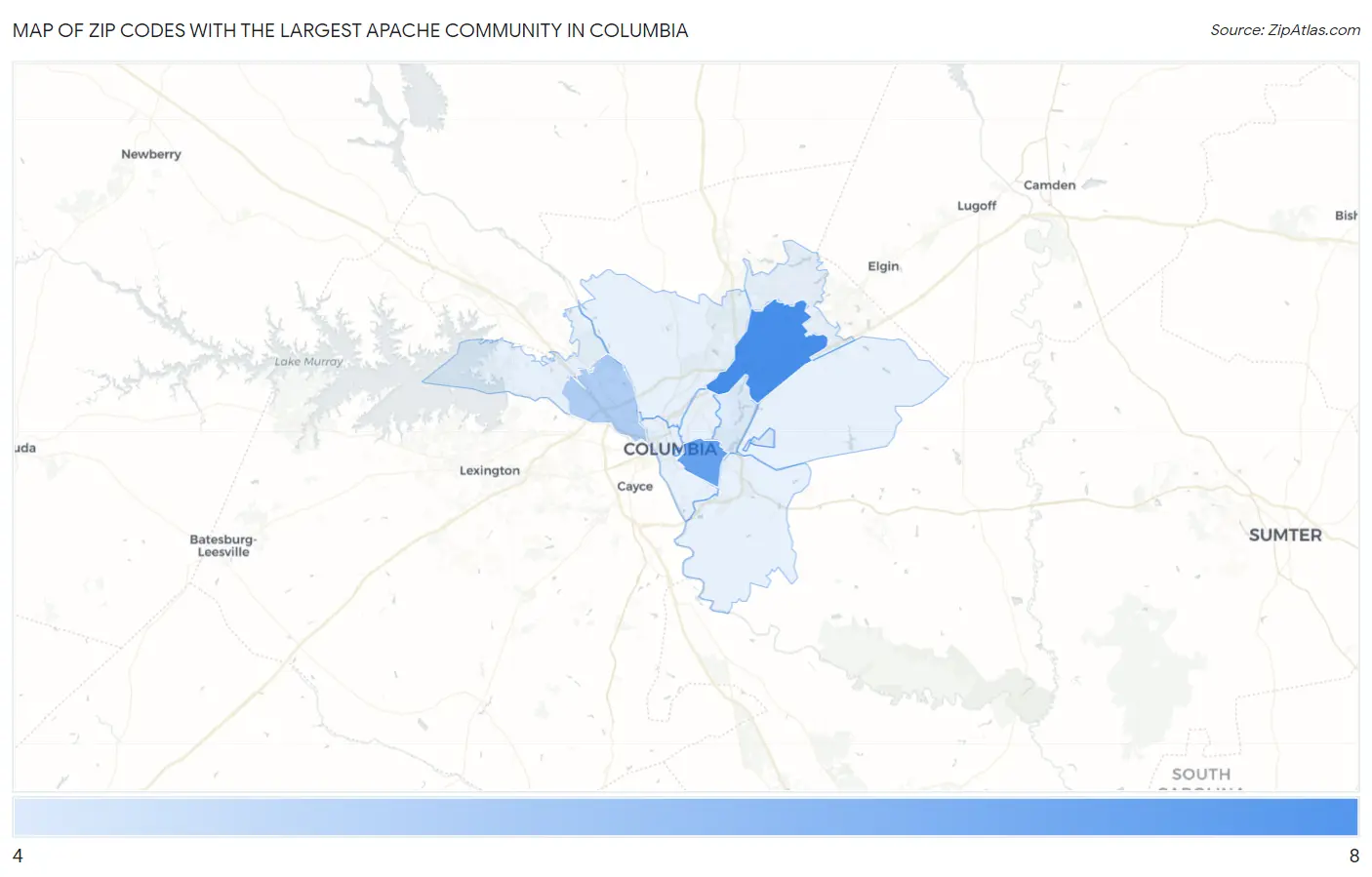 Zip Codes with the Largest Apache Community in Columbia Map