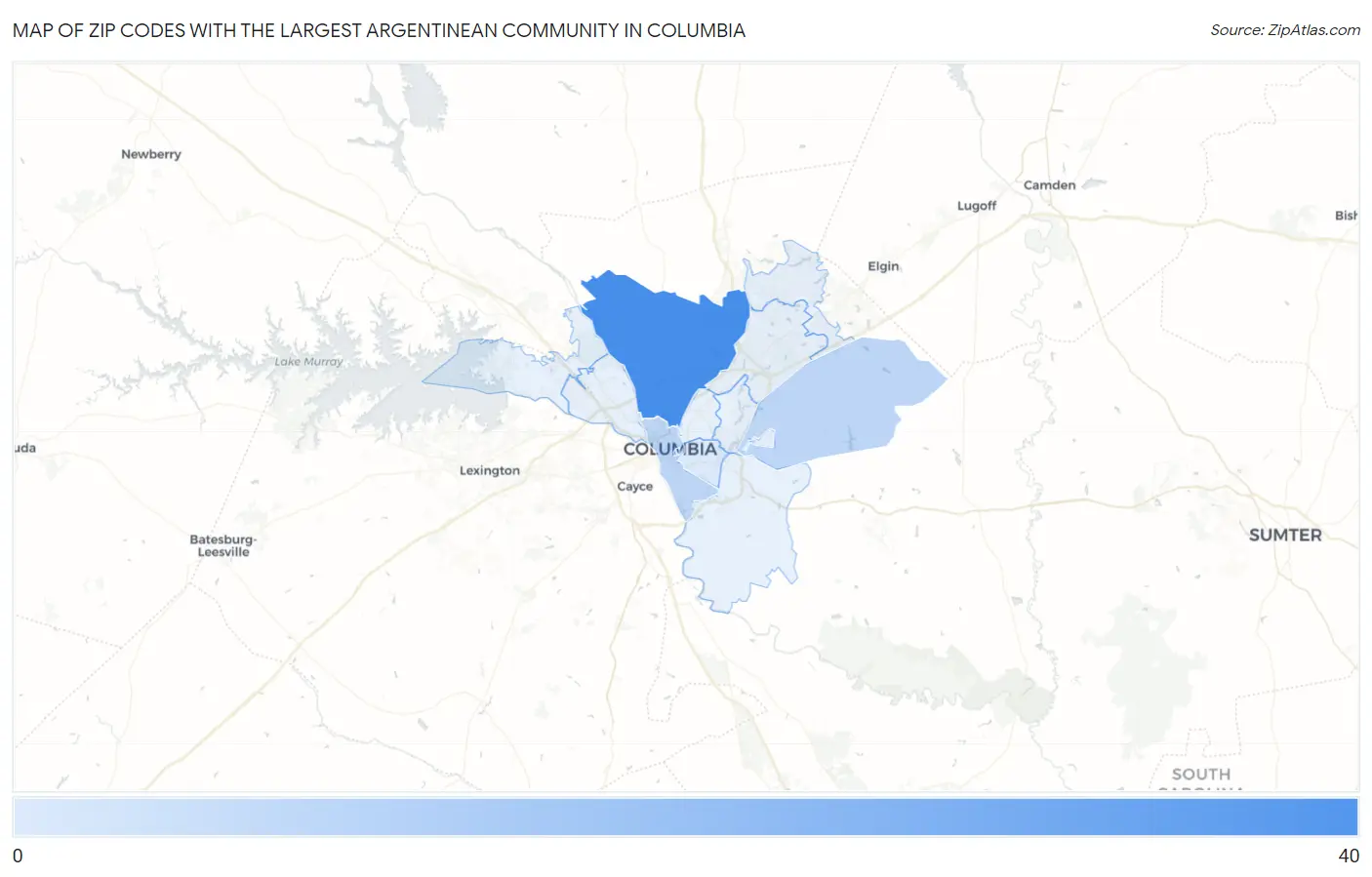 Zip Codes with the Largest Argentinean Community in Columbia Map