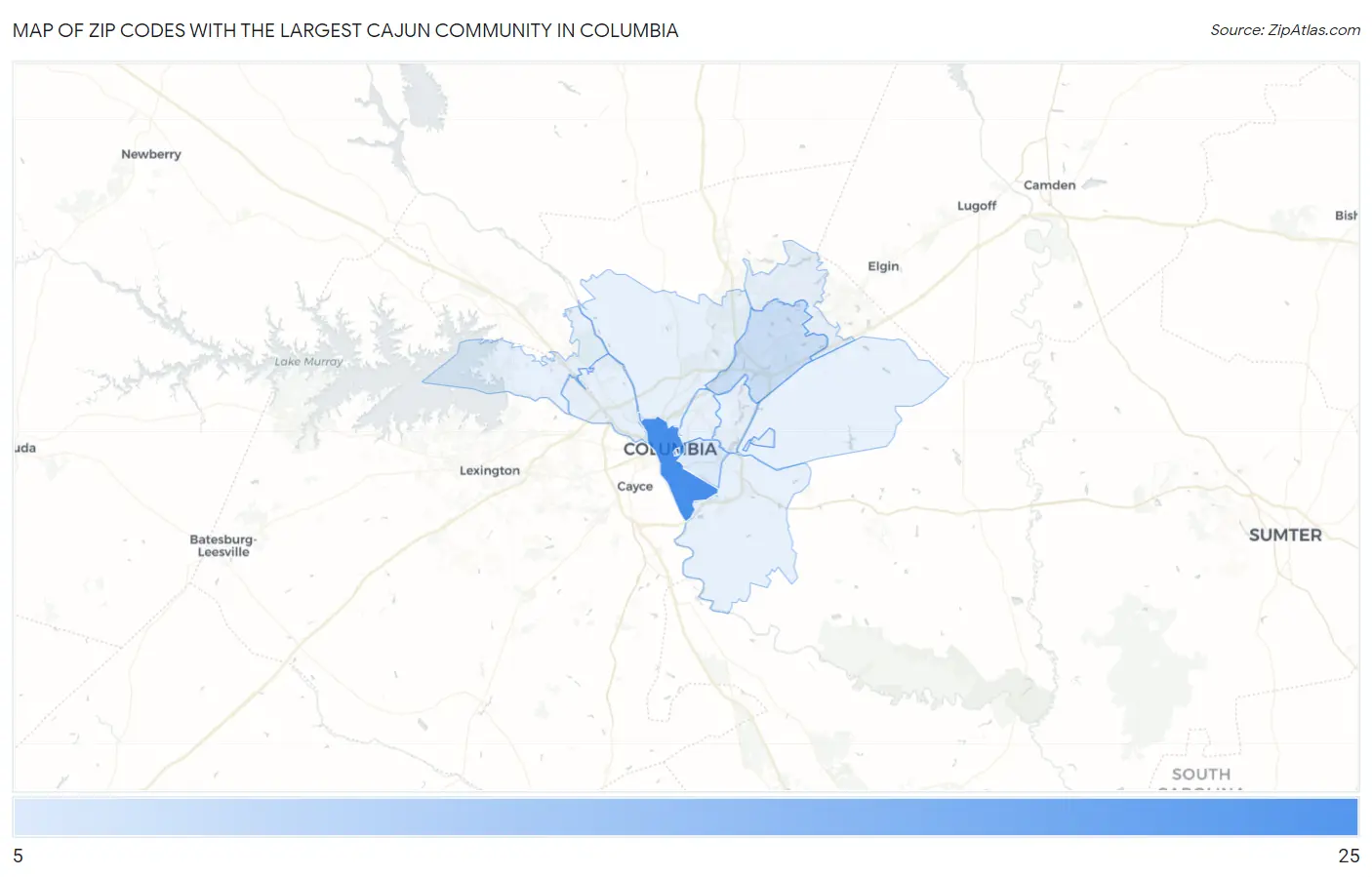 Zip Codes with the Largest Cajun Community in Columbia Map