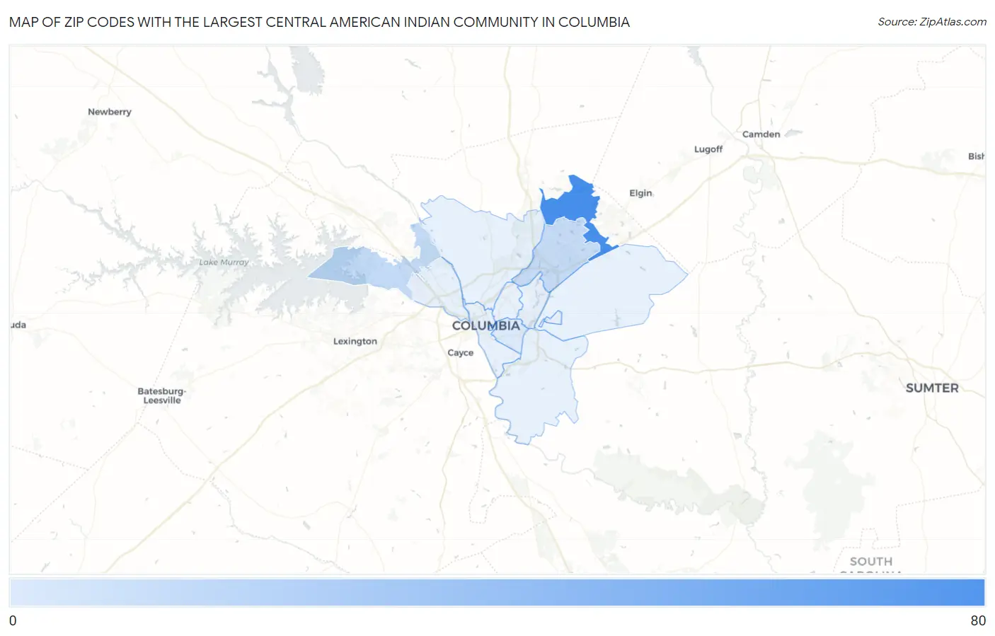 Zip Codes with the Largest Central American Indian Community in Columbia Map