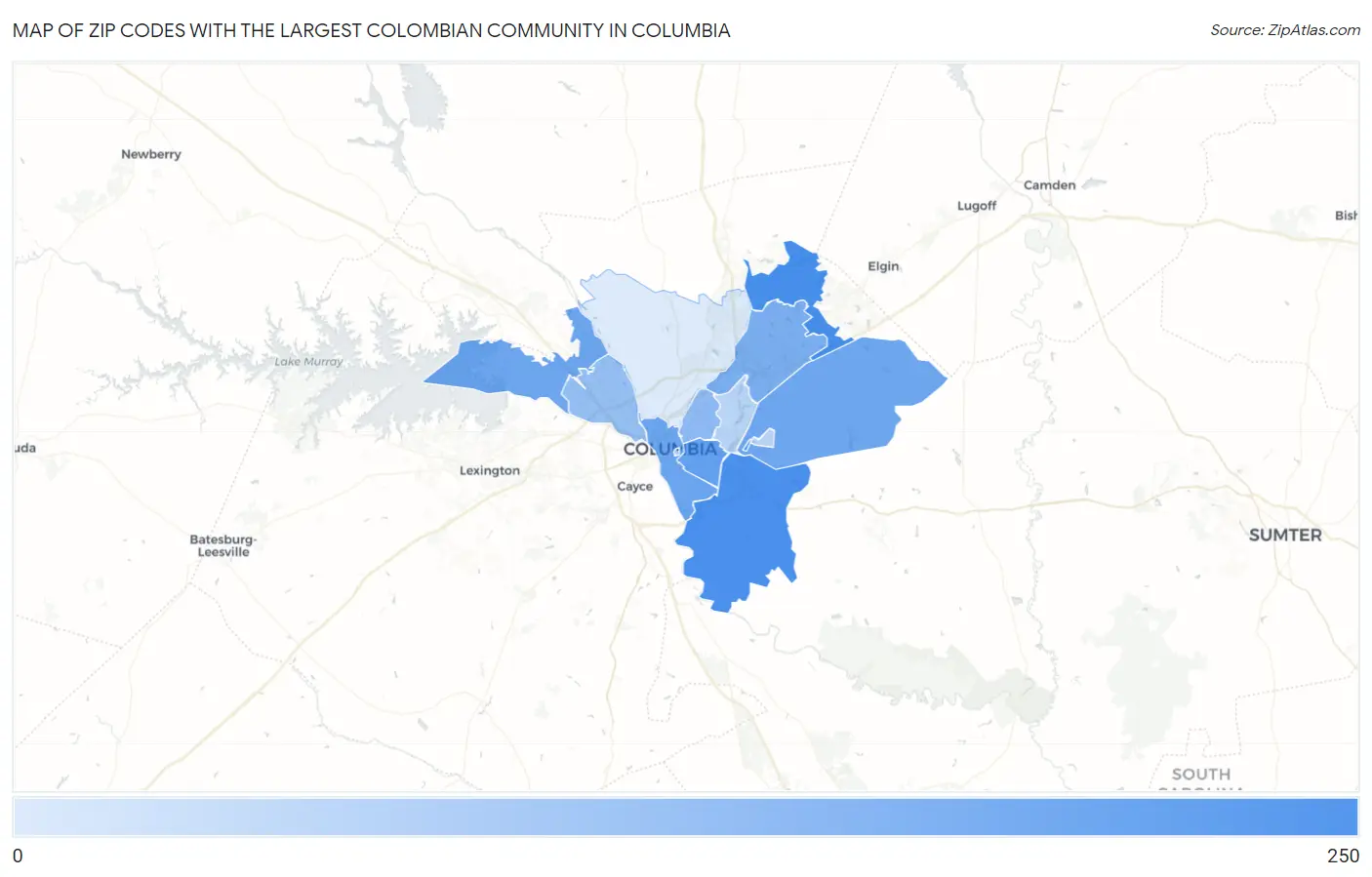Zip Codes with the Largest Colombian Community in Columbia Map