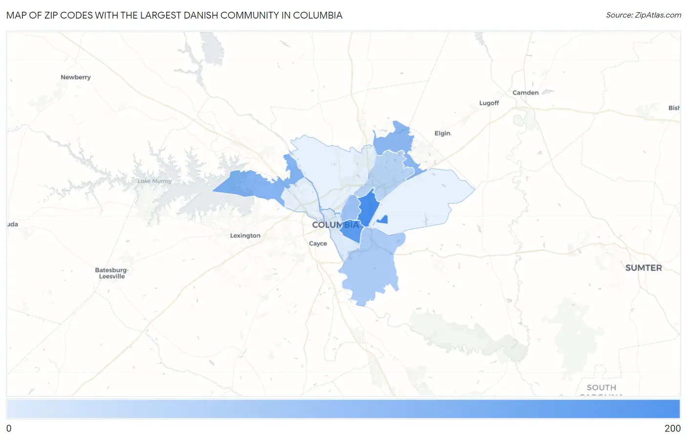 Zip Codes with the Largest Danish Community in Columbia Map