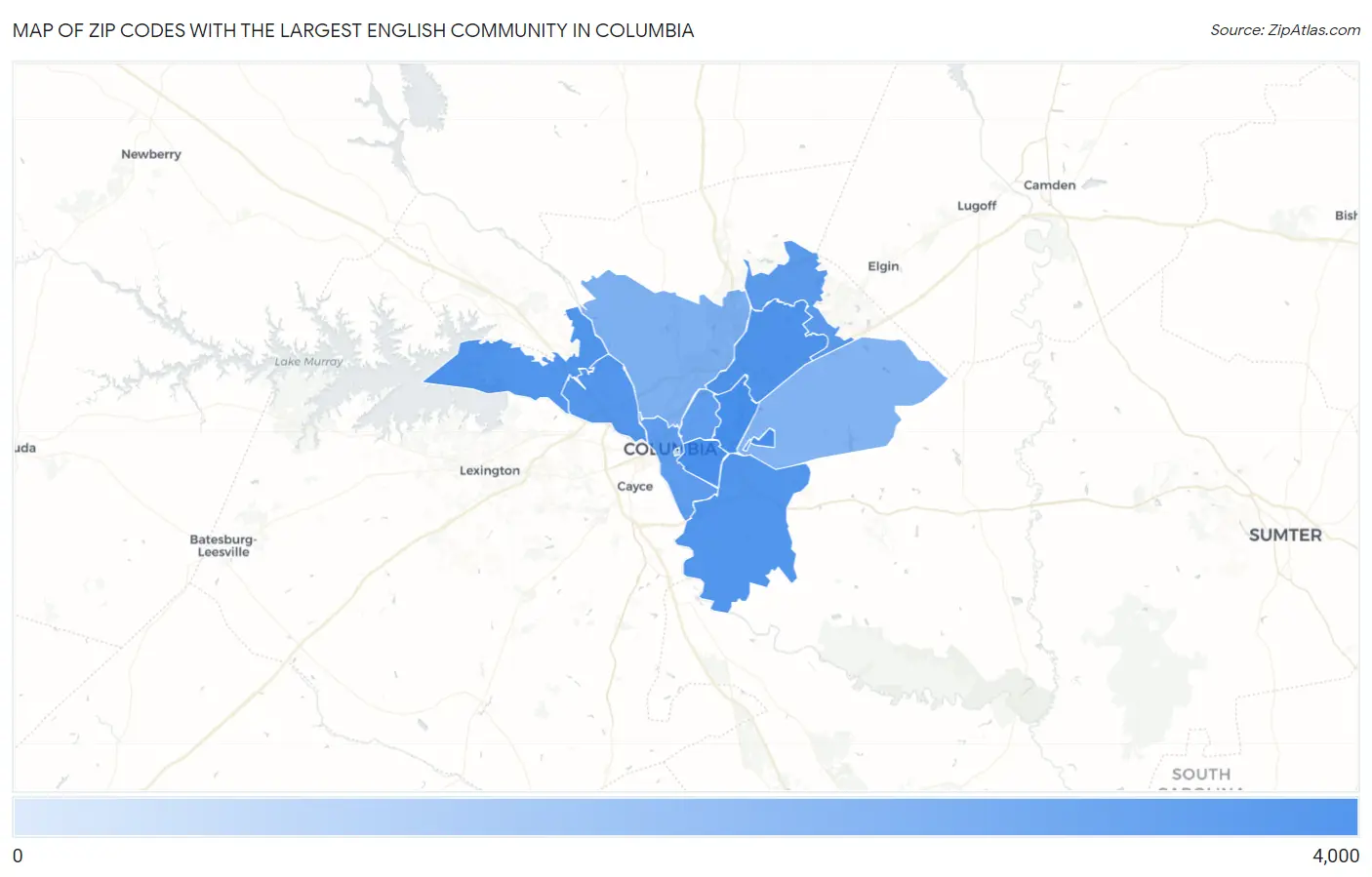 Zip Codes with the Largest English Community in Columbia Map