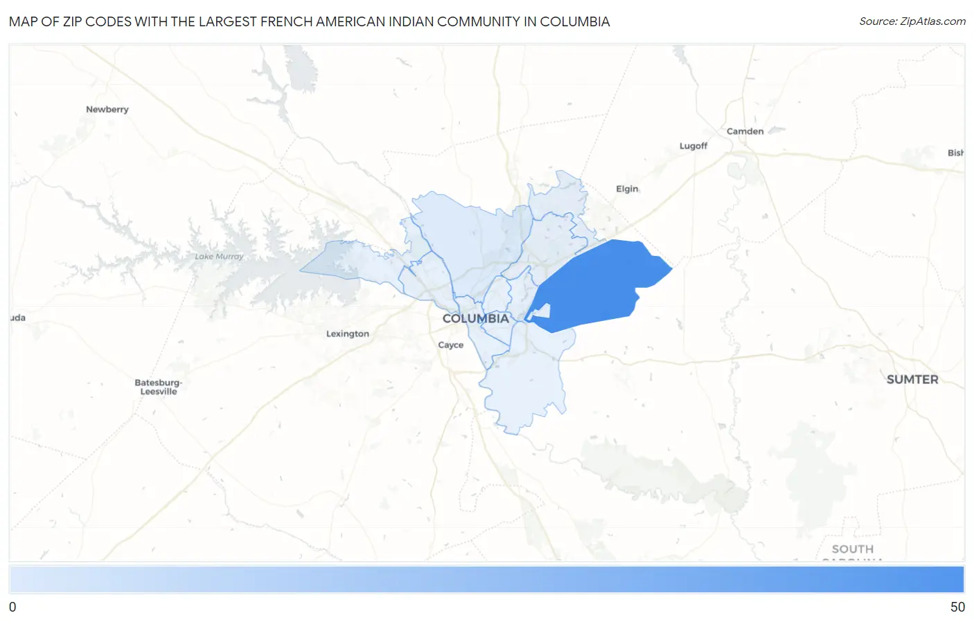 Zip Codes with the Largest French American Indian Community in Columbia Map