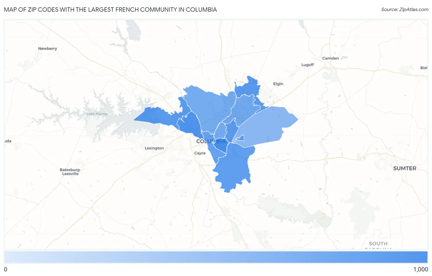Zip Codes with the Largest French Community in Columbia Map
