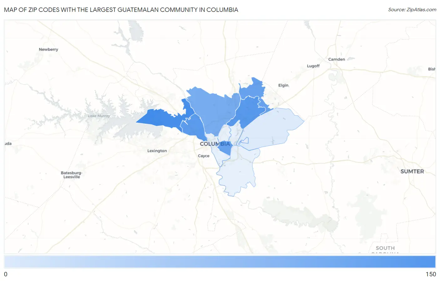 Zip Codes with the Largest Guatemalan Community in Columbia Map