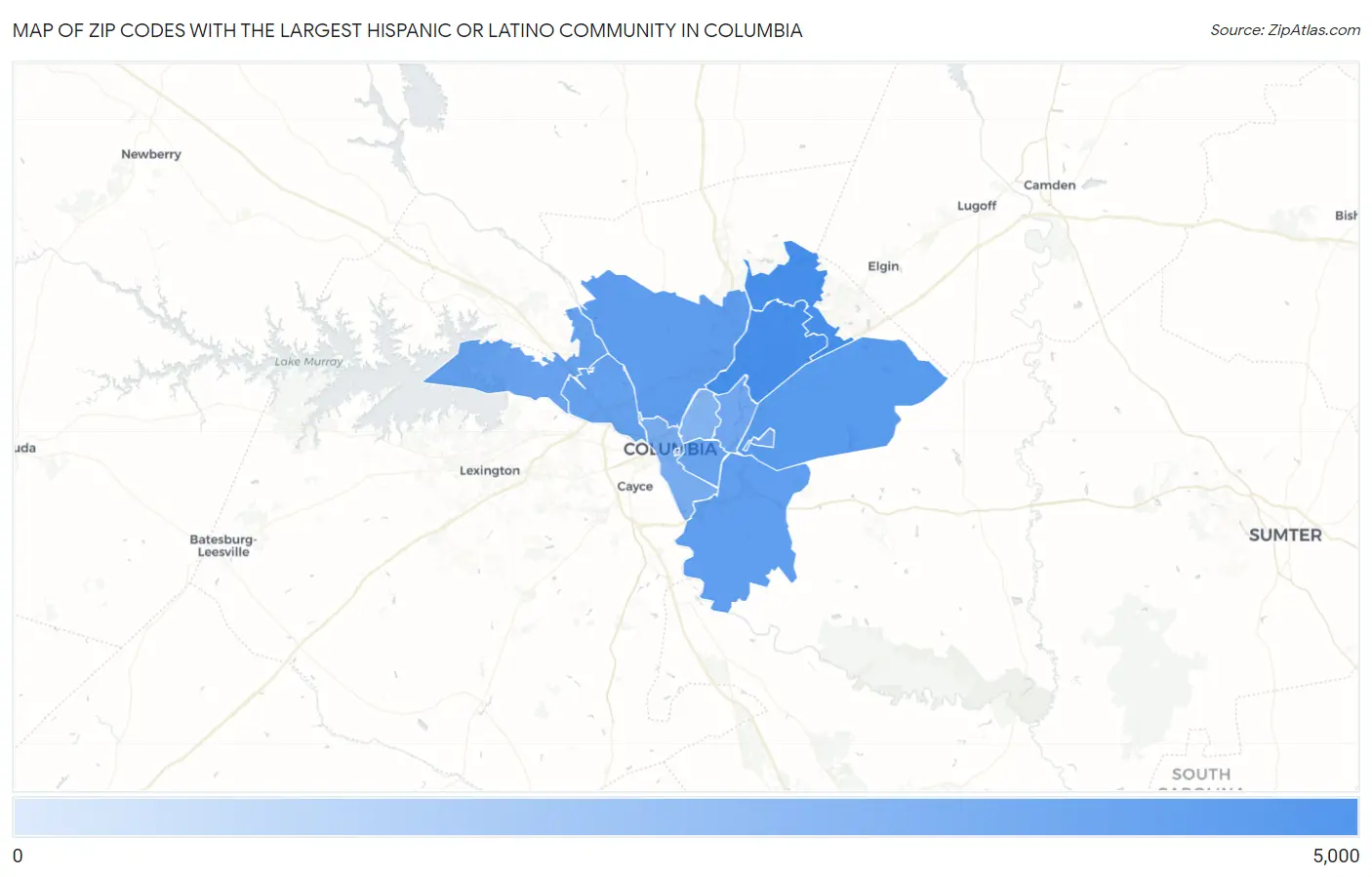 Zip Codes with the Largest Hispanic or Latino Community in Columbia Map