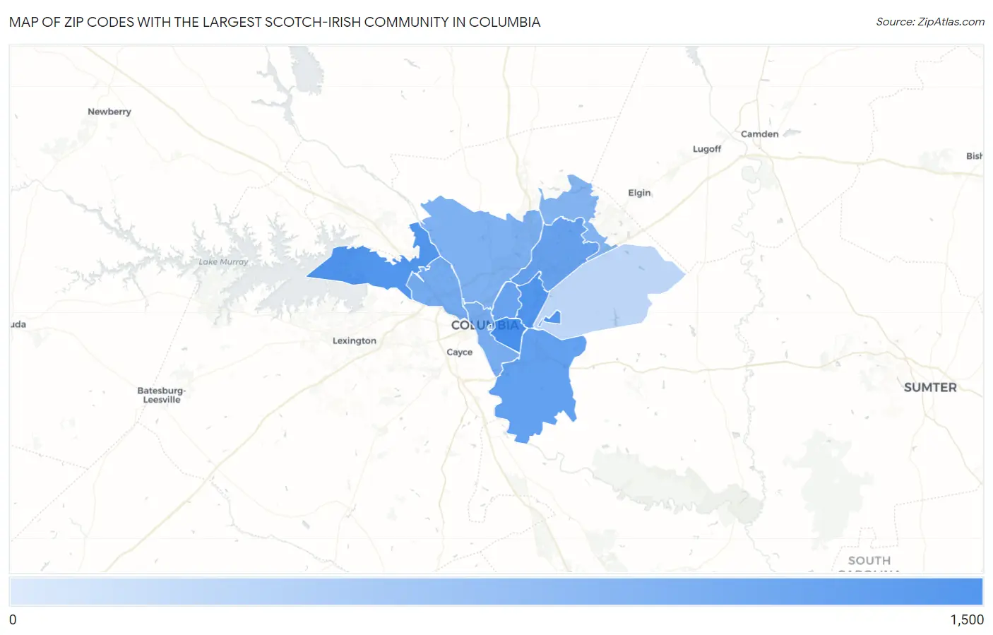 Zip Codes with the Largest Scotch-Irish Community in Columbia Map