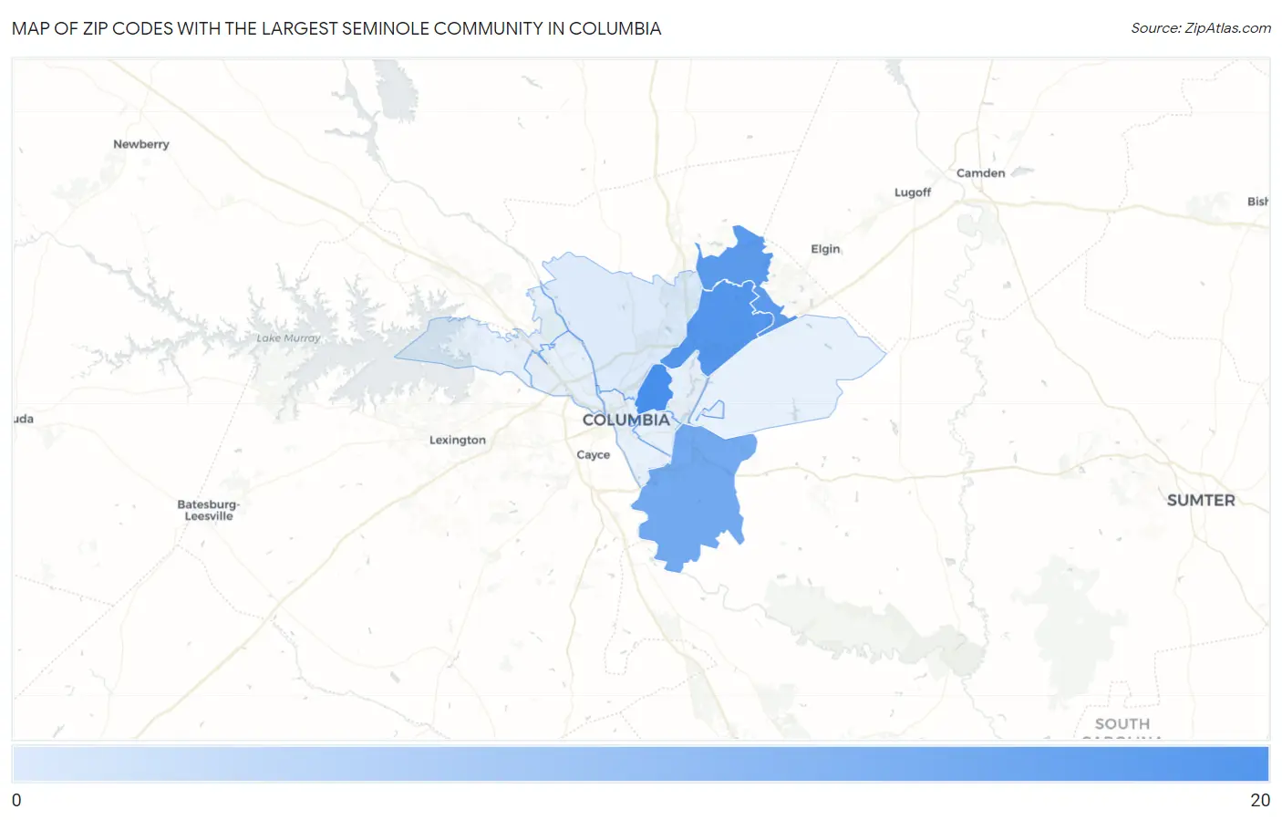 Zip Codes with the Largest Seminole Community in Columbia Map