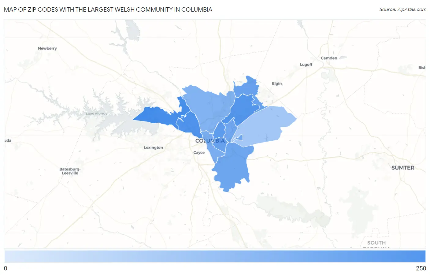 Zip Codes with the Largest Welsh Community in Columbia Map