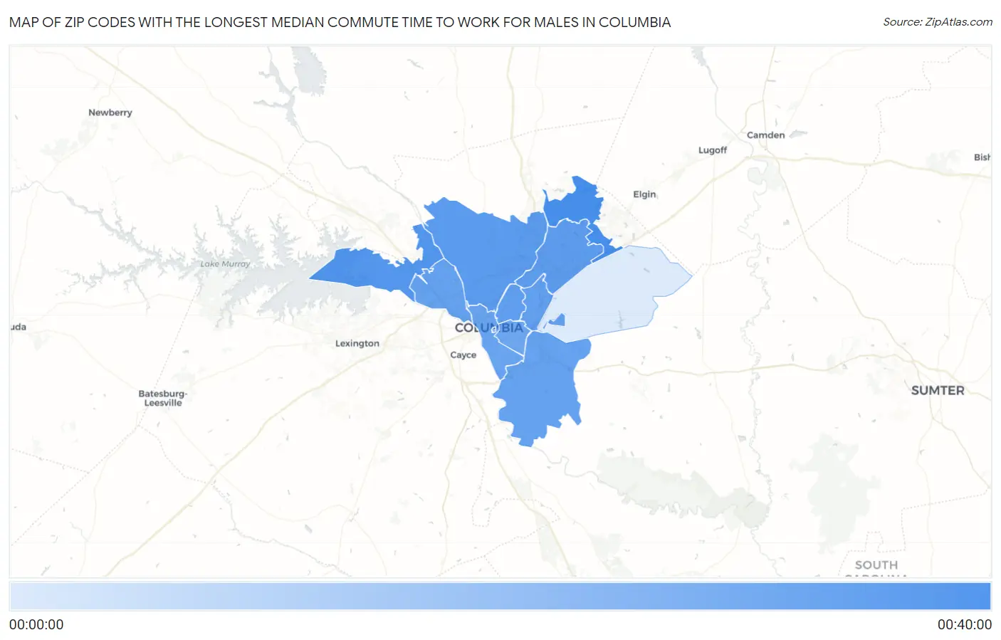 Zip Codes with the Longest Median Commute Time to Work for Males in Columbia Map