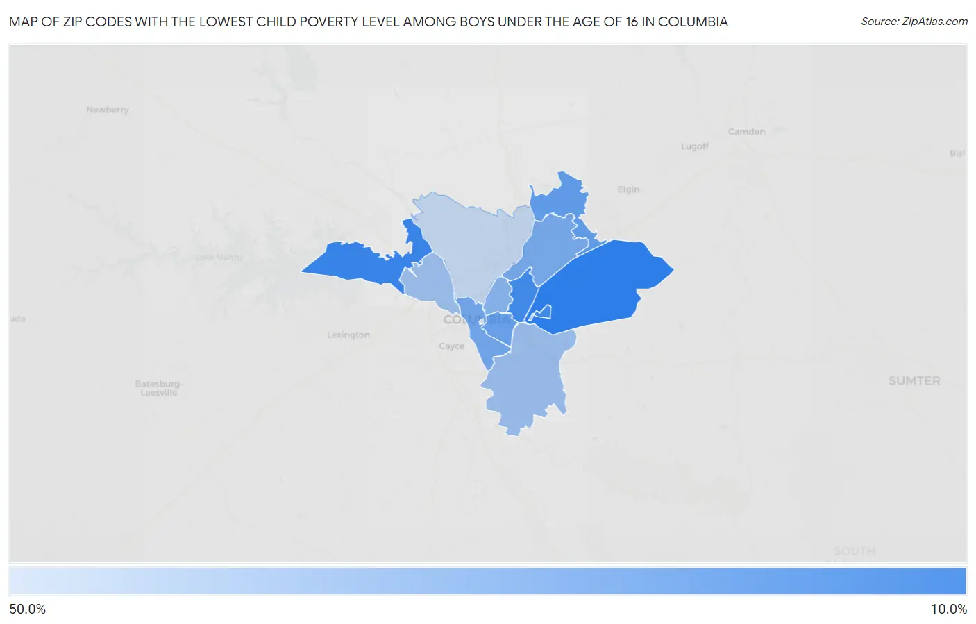 Zip Codes with the Lowest Child Poverty Level Among Boys Under the Age of 16 in Columbia Map