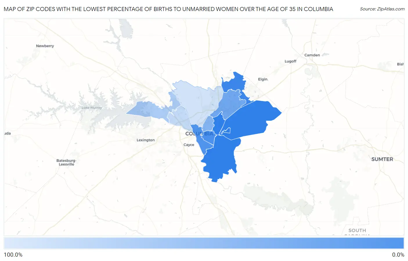Zip Codes with the Lowest Percentage of Births to Unmarried Women over the Age of 35 in Columbia Map