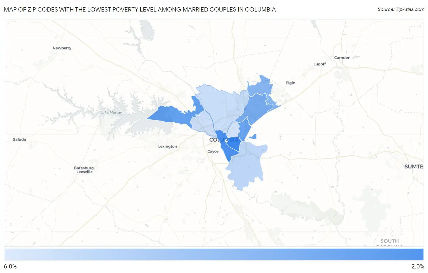 Zip Codes with the Lowest Poverty Level Among Married Couples in Columbia Map