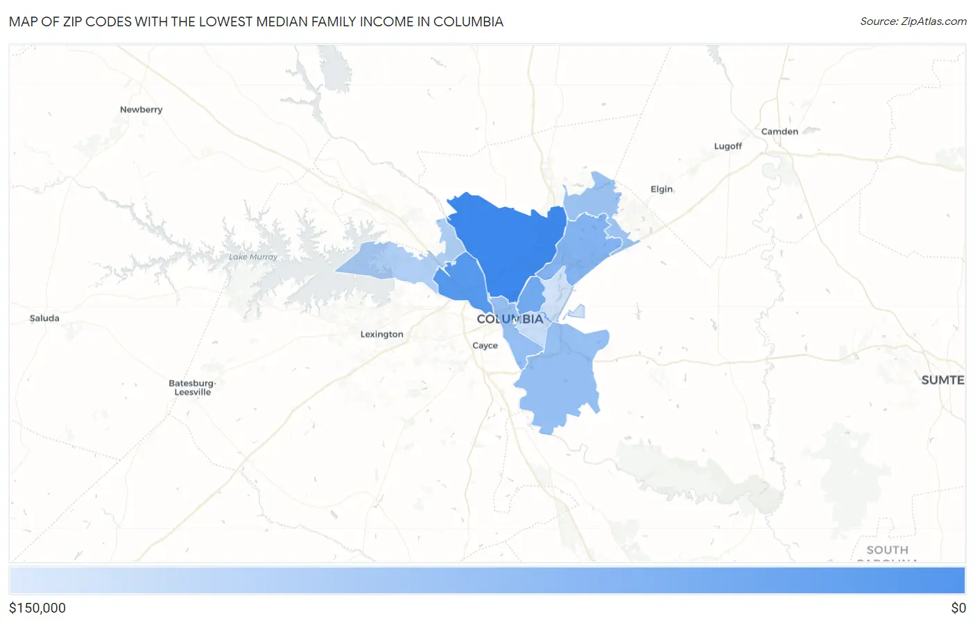 Zip Codes with the Lowest Median Family Income in Columbia Map