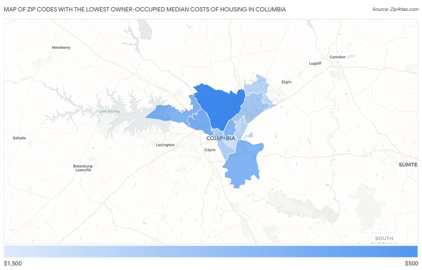 Zip Codes with the Lowest Owner-Occupied Median Costs of Housing in Columbia Map