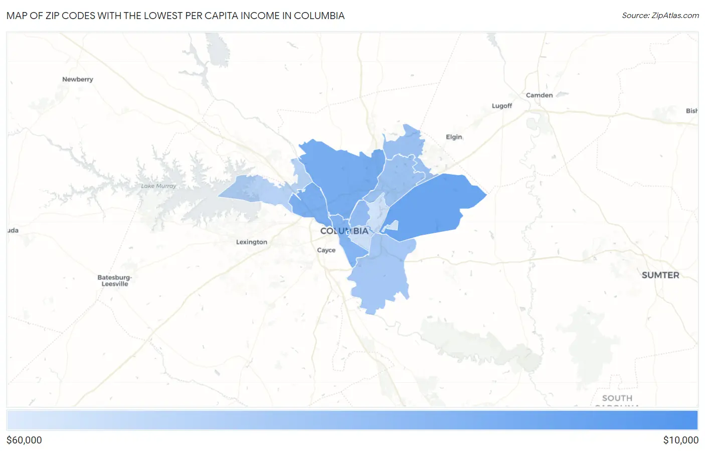 Zip Codes with the Lowest Per Capita Income in Columbia Map