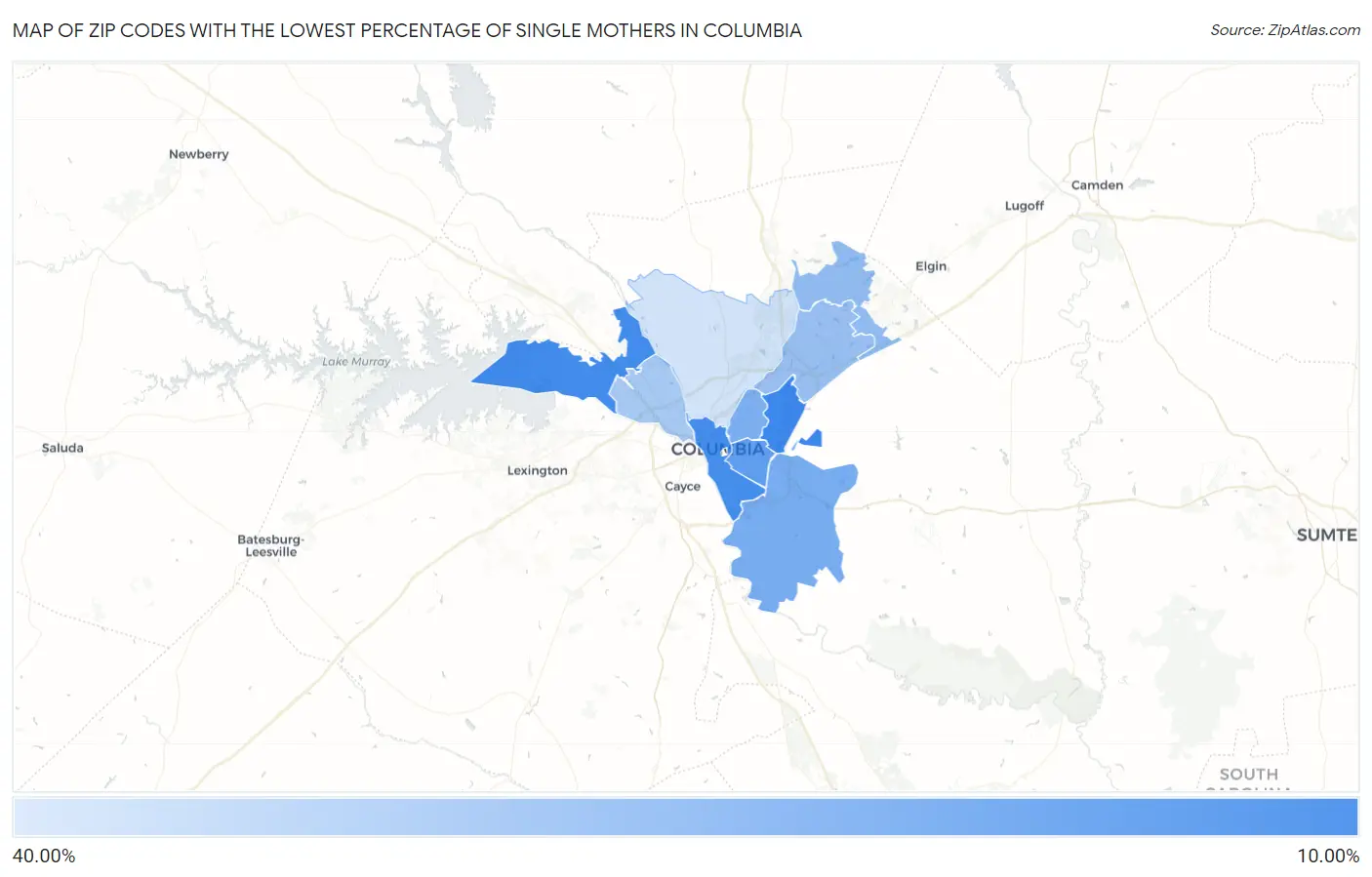 Zip Codes with the Lowest Percentage of Single Mothers in Columbia Map