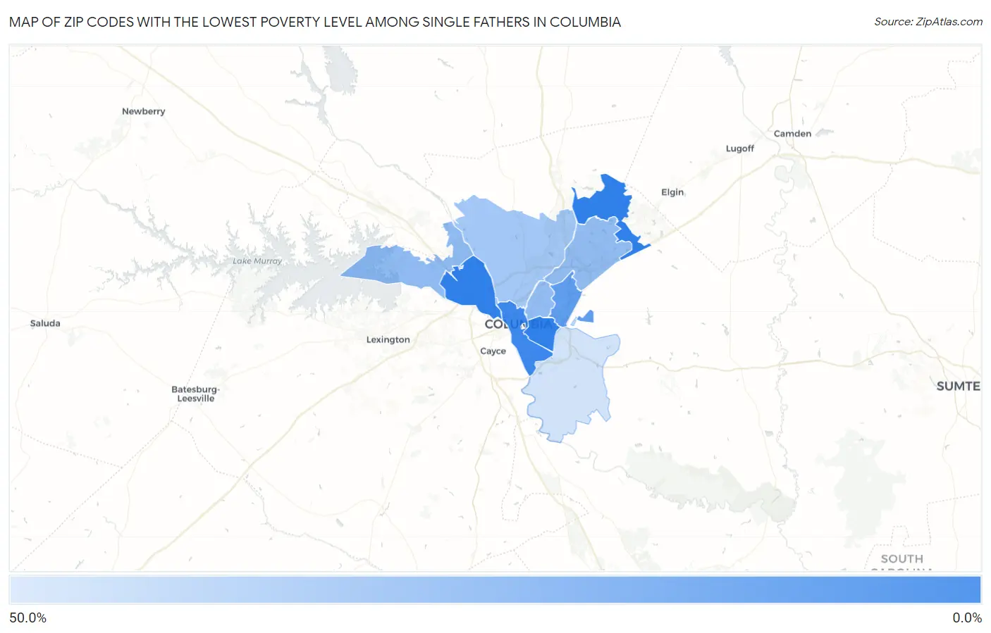 Zip Codes with the Lowest Poverty Level Among Single Fathers in Columbia Map