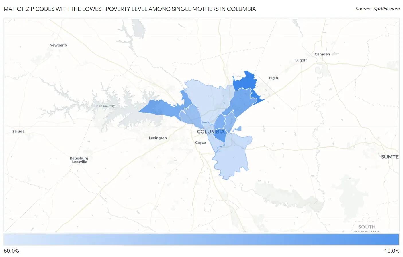 Zip Codes with the Lowest Poverty Level Among Single Mothers in Columbia Map