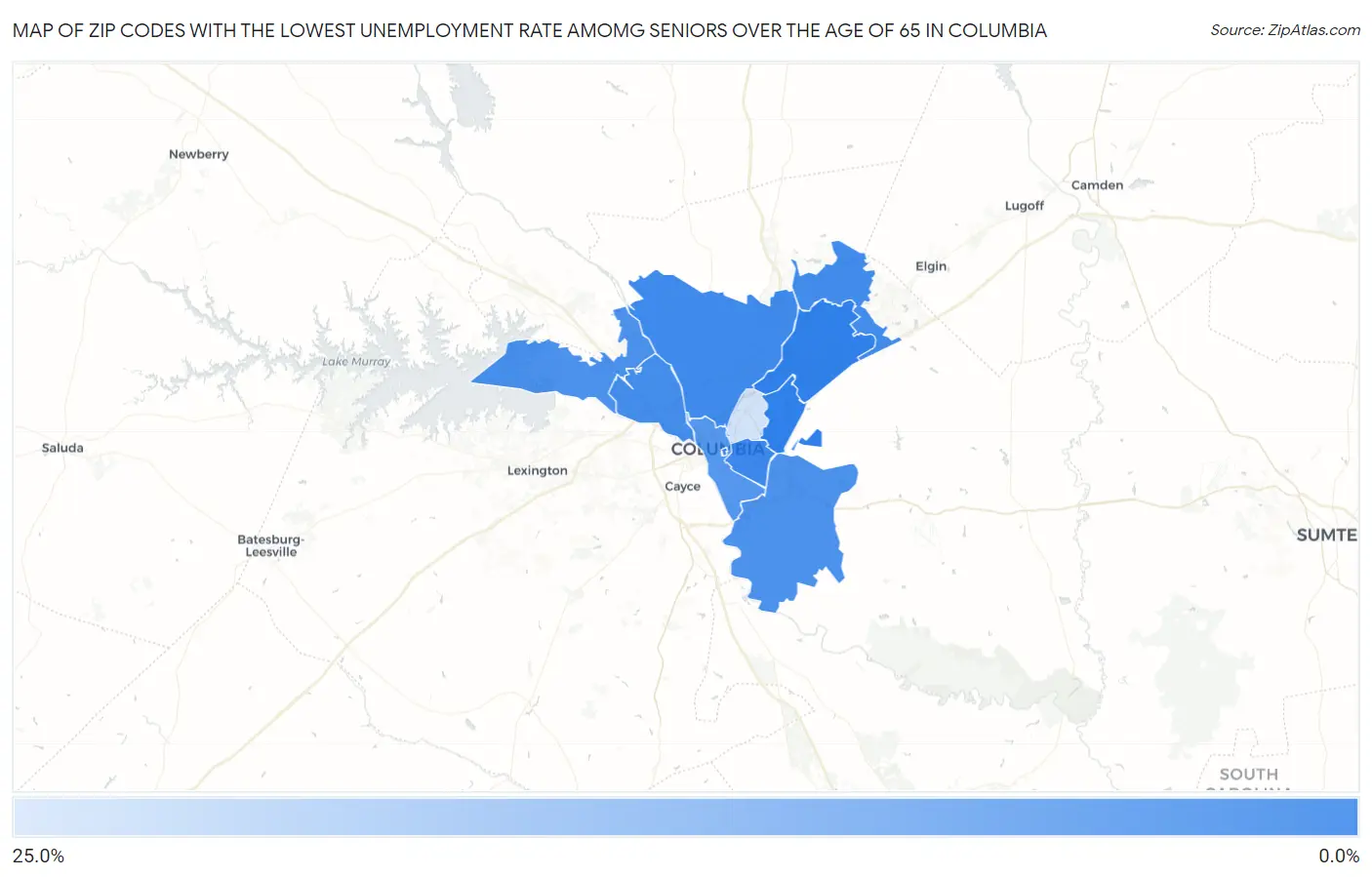 Zip Codes with the Lowest Unemployment Rate Amomg Seniors Over the Age of 65 in Columbia Map