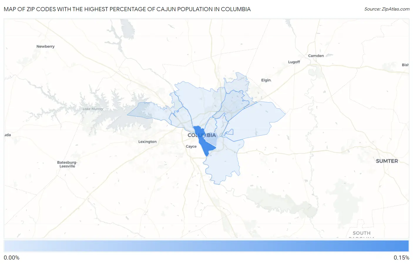 Zip Codes with the Highest Percentage of Cajun Population in Columbia Map