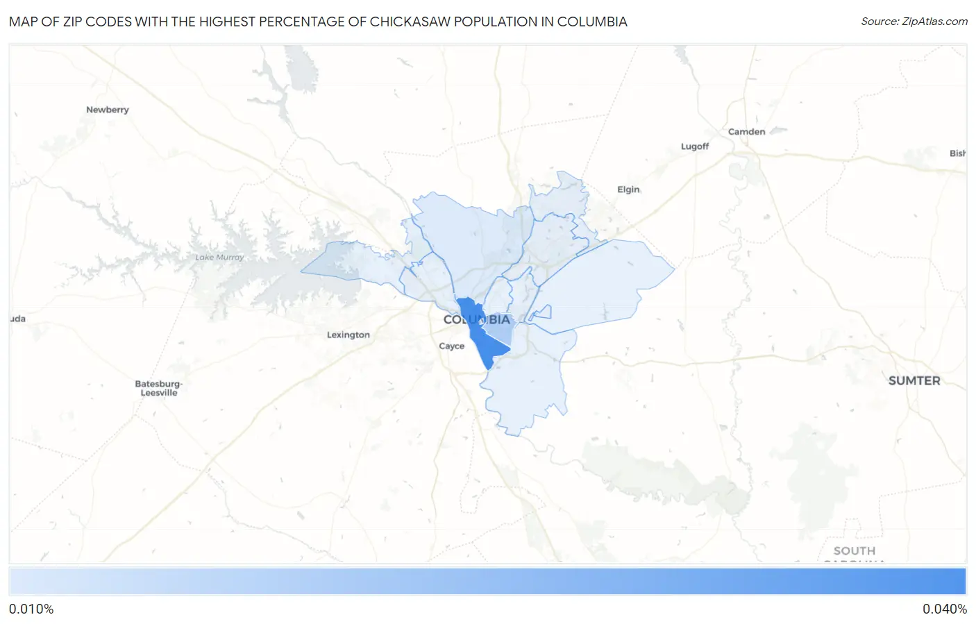 Zip Codes with the Highest Percentage of Chickasaw Population in Columbia Map
