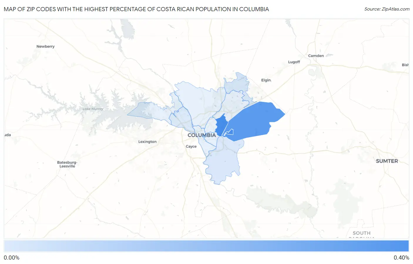 Zip Codes with the Highest Percentage of Costa Rican Population in Columbia Map